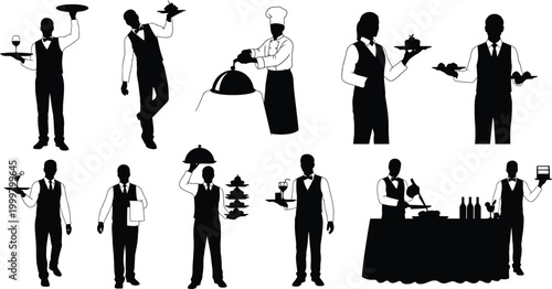 Collection of silhouettes showing waiters and waitresses serving food and drinks in various poses