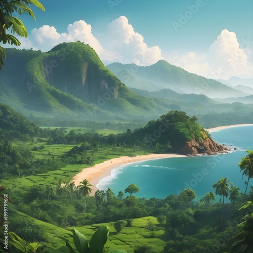 Tropical Coastal Landscape with Mountains and Turquoise Shoreline
