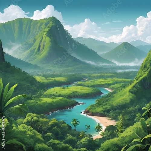 Tropical Coastal Landscape with Mountains and Turquoise Shoreline