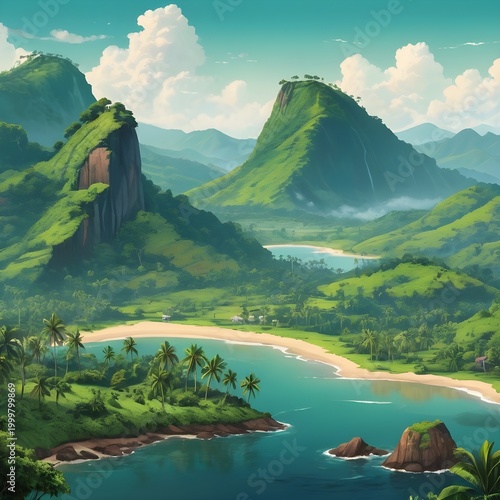 Tropical Coastal Landscape with Mountains and Turquoise Shoreline