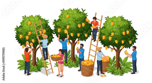 During the Indian mango season, a group harvests ripe mangoes from trees using ladders and baskets in a vibrant orchard, showcasing the abundance of fresh mango produce with a focus