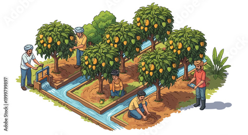 Isometric illustration showing the Indian mango season with farmers harvesting ripe mangoes in a lush orchard, utilizing a traditional irrigation system for mango agriculture, rendered