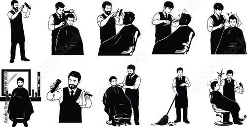 Collection of black silhouettes depicting barbers cutting hair and providing grooming services