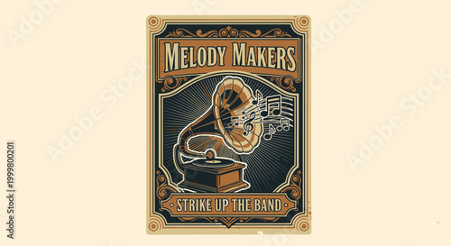 Vintage Gramophone Illustration with Ornate Details.