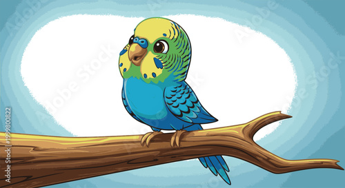 A Vibrant Cartoon Budgerigar Perched on a Wooden Branch, Isolated.
