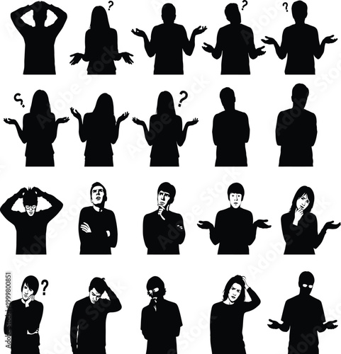 Set of people silhouettes expressing confusion uncertainty and doubt with question marks, hands