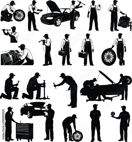Automotive mechanic workers and car repair silhouettes collection with mechanic workshop industry