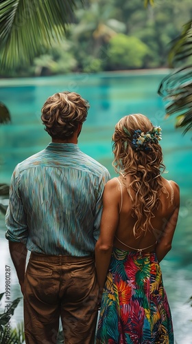 Young couple, a tan-skinned man and woman, stand side by side on a tropical shoreline, gazing over turquoise water with palm fronds framing the scene.