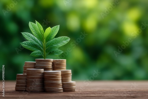 A delicate green sprout emerges from neatly stacked coins on a wooden surface, symbolizing financial growth, sustainability, and investment potential in a fresh, optimistic style.