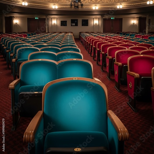 Rows of plush theater seating featuring teal and crimson upholstery stretch toward the ornate ceiling