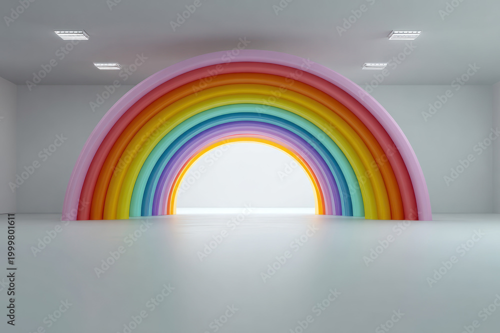 Fototapeta premium Rainbow arch in minimal white studio with dramatic shaft of light and wide empty floor conveying monumental progress.