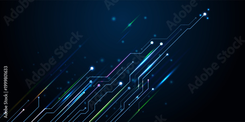 Blue glowing lines with glitter light effect on dark background. High speed internet technology concept or fast wireless data transmission. modern internet network connection technology background