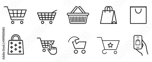 Shopping bag icon set, online purchase shopping cart trolley symbol, outline style illustration vector design