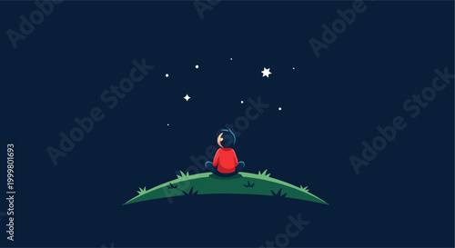 a person sitting on a green hill looking at stars.