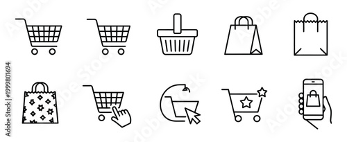 Shopping bag icon set, online purchase shopping cart trolley symbol, outline style illustration vector design, e commerce and retail concept, minimal icons for online stores