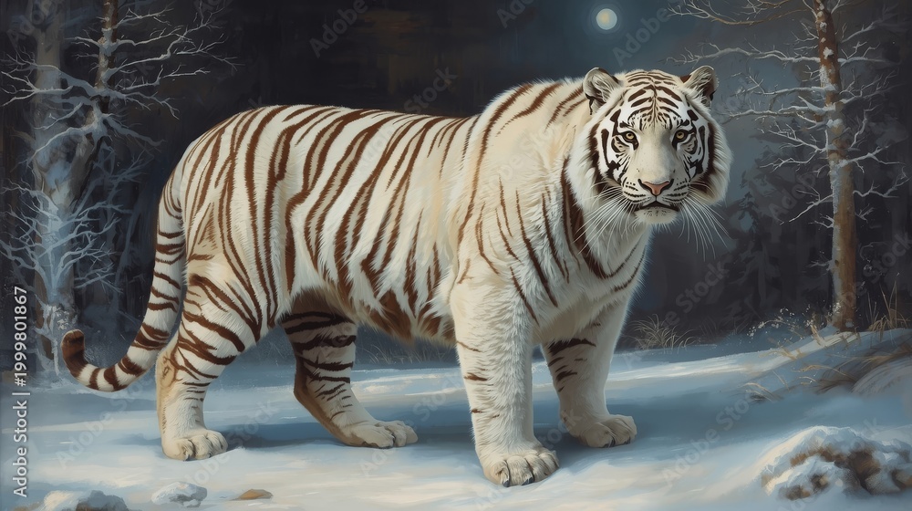 Obraz premium White Tiger in Snowy Forest with Moonlight Wildlife Full Body