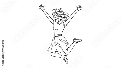 A joyful young woman jumping happily.