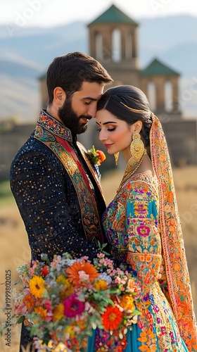 A newlywed couple, a bold-skinned man and a woman in a vibrant, patterned dress, share a tender moment outdoors with a rustic church in the softly lit background.