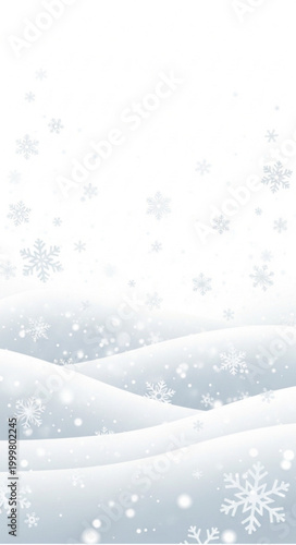 :
Winter snow landscape vector with falling snowflakes and soft snowdrifts isolated on white background