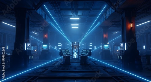 Cyber Futuristic Underground Basement Center Sci Fi Laser Neon Glowing VIbrant Concrete Grunge Warehouse Dystopian 3D Rendering