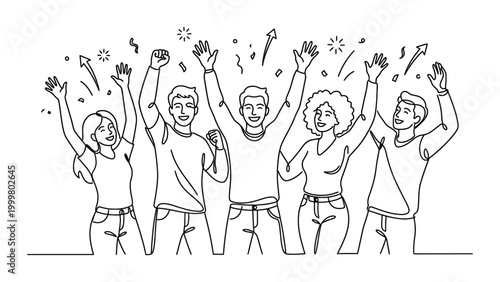 Diverse group of happy people celebrating together with raised hands.