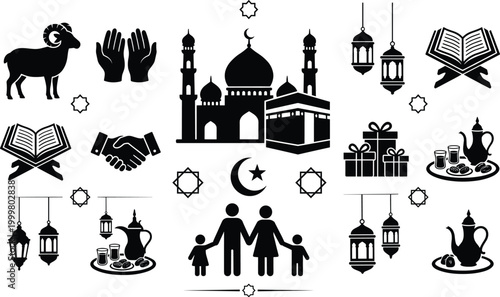 Black silhouette vector illustration of Islamic Eid and Ramadan celebration with mosque, Kaaba, crescent moon, lanterns, Quran, prayer, family, community