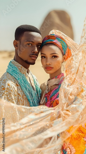 Two people in patterned, colorful fabrics embrace in a warm desert setting, with their faces softly blurred and light fabric swirling around them.