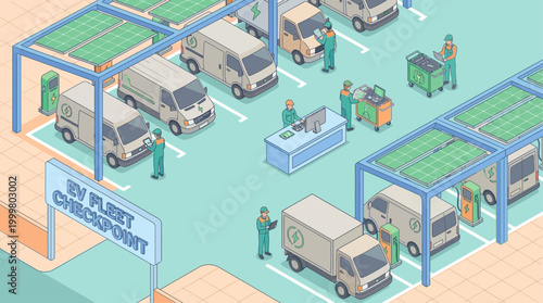 Isometric EV Fleet Maintenance and Charging Station with Technicians Servicing Electric Delivery Vans for Sustainable Logistics and Green Energy Business Presentation