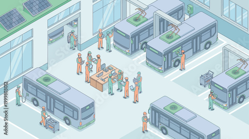Isometric Electric Bus Maintenance Depot with Engineers and Technicians Servicing EV Fleet for Sustainable Public Transportation and Smart City Infrastructure Concept