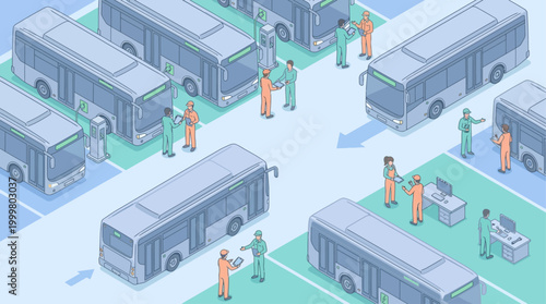 Isometric Electric Bus Depot and Charging Station with Maintenance Crew, Sustainable Public Transportation Infrastructure Concept for Smart City Planning and Green Energy Management