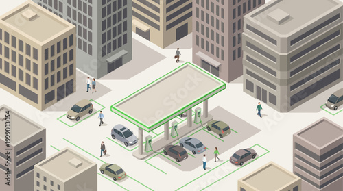 Isometric Electric Vehicle Charging Station in Modern City with Cars and Pedestrians for Sustainable Urban Infrastructure Concept