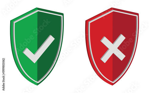 A visual comparison of two shields, one green with a check mark indicating approval and the other red with a cross symbol for rejection. This graphic is useful for conveying concepts of security, safe