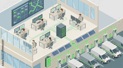 Isometric logistics center with electric vehicle charging station, fleet management dashboard, and sustainable green energy technology in modern office environment