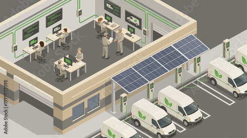 Isometric Green Logistics Center with Electric Delivery Van Fleet Charging at Solar Power Station for Sustainable Supply Chain Management