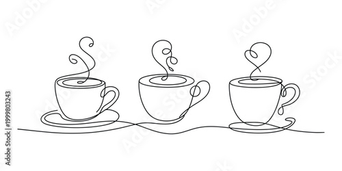Cup of coffee or tea set, one single continuous line drawing, simple abstract outline beautiful mug with steam beverage, elegant continuous line style