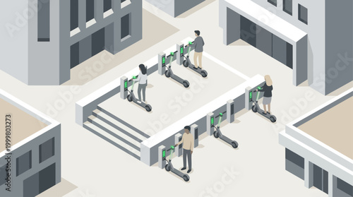 Isometric city scene with people riding electric scooters at a charging station, urban sustainable transportation and micro-mobility concept for smart city digital marketing