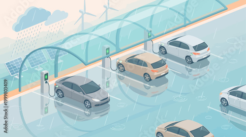 Isometric Electric Vehicle Charging Station with Solar Panels and Wind Turbines in Rainy Weather