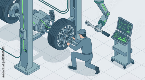 Isometric smart car repair shop with robotic arm and mechanic, digital automotive diagnostics and automated vehicle maintenance service for modern manufacturing or presentation concepts.