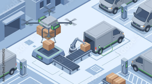 Isometric Smart Logistics and Automated Warehouse Delivery System with Electric Vans, Drones, and Robotic Conveyor Belts for Modern Supply Chain Management