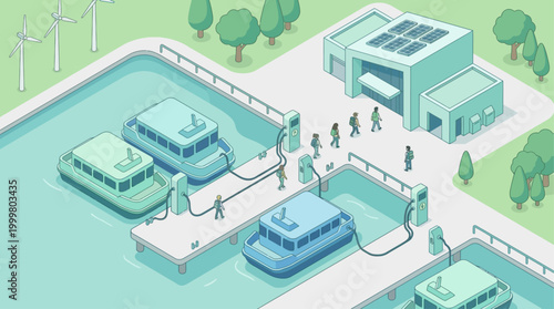 Isometric Green Energy Port with Electric Boats Charging at Dock, Sustainable Transportation and Renewable Infrastructure Concept Illustration for Eco-Friendly Business Presentation