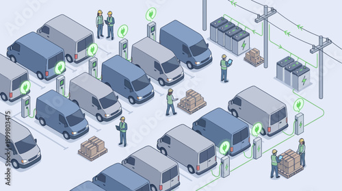 Isometric Electric Delivery Van Fleet Charging at Warehouse Station for Sustainable Logistics and Green Supply Chain Management Concept