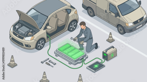 Isometric illustration of mechanic repairing electric vehicle battery pack, EV maintenance and charging station concept, professional automotive diagnostic service