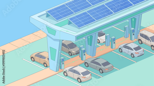 Isometric solar powered electric vehicle charging station with cars in parking lot for green energy and sustainable transport concept