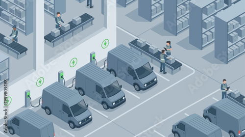 Isometric Smart Warehouse with Electric Delivery Vans Charging and Automated Logistics Conveyor System for Sustainable E-commerce Distribution and Supply Chain Management