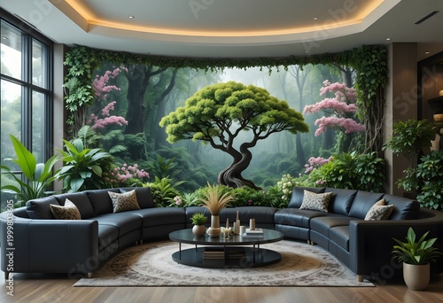 minimalist room with a view of the forest