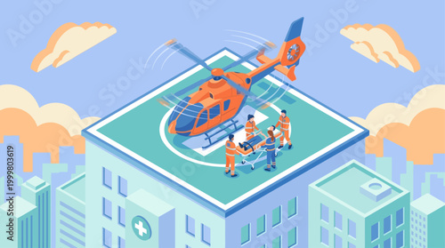 Isometric Medical Emergency Scene with Air Ambulance Helicopter Landing on Hospital Rooftop for Patient Transport in Modern City