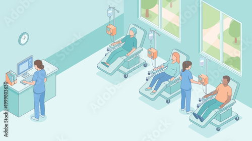 Isometric Hospital Infusion Center with Patients Receiving Intravenous Treatment and Medical Staff in a Modern Clinical Setting