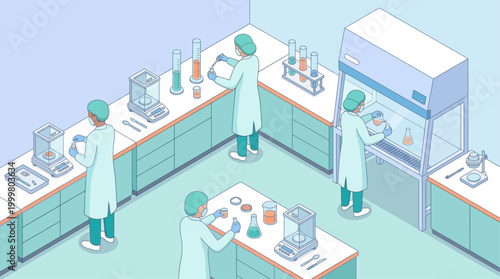 Isometric Laboratory Research Scene with Scientists Working in Biotech Facility for Medical Development and Pharmaceutical Innovation