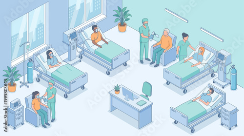 Isometric Hospital Ward Illustration with Doctors and Patients, Medical Care and Healthcare Concept for Infographics and Presentation Materials