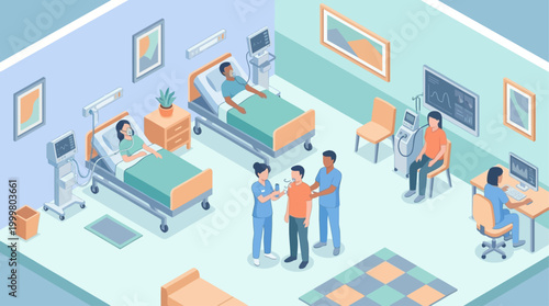 Isometric Hospital Ward Scene with Medical Staff Treating Patients, Healthcare Facility Interior, Clinic Room with Doctors, Nurses, and Modern Medical Equipment, Vector Illustration for Health Concept